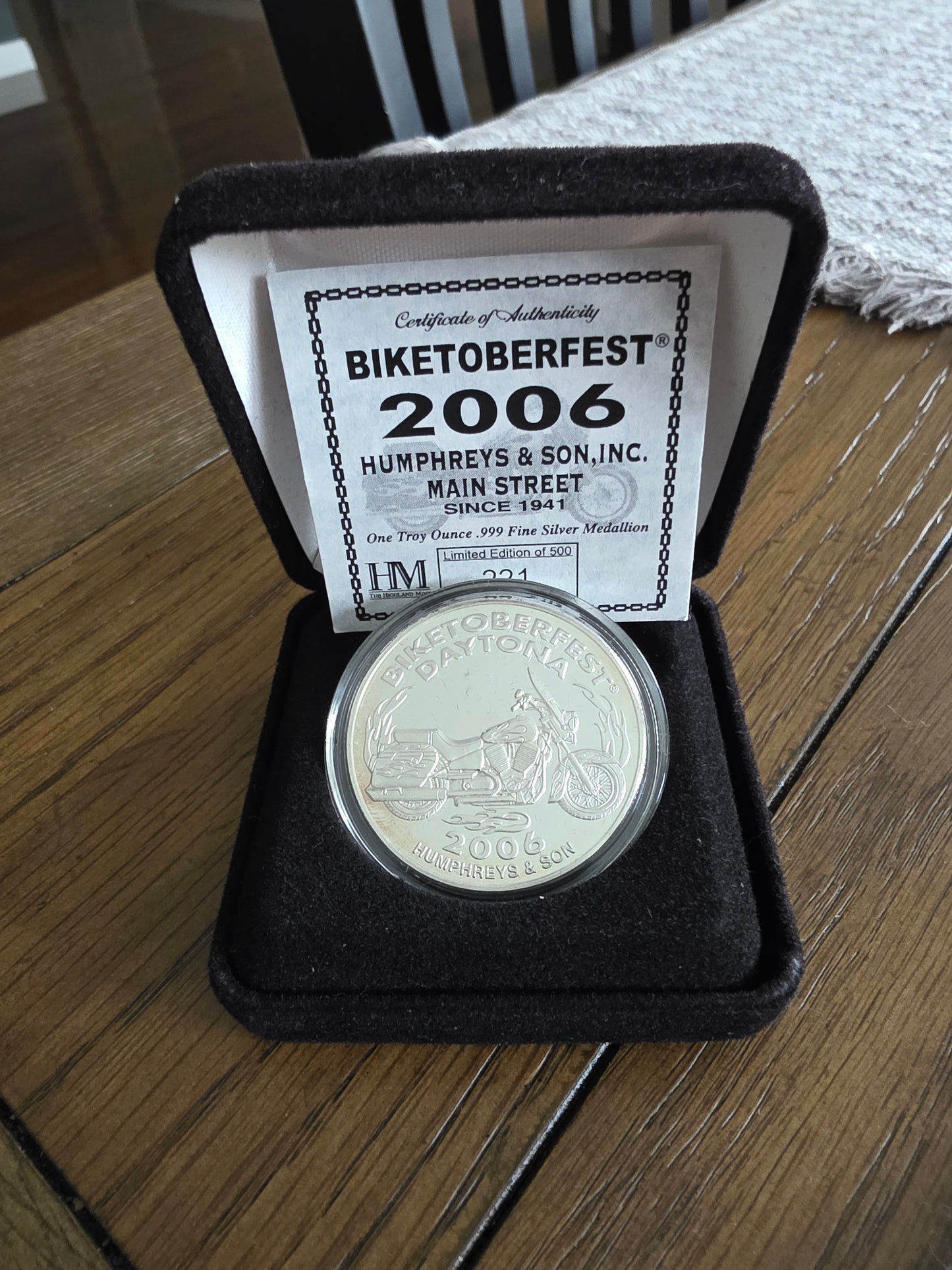 2006 Biketoberfest Humphreys & Son 1oz silver medallion 1 of 500