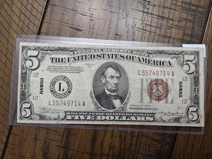 1934A $5 Hawaii FRN Emergency Note - Nice Condition