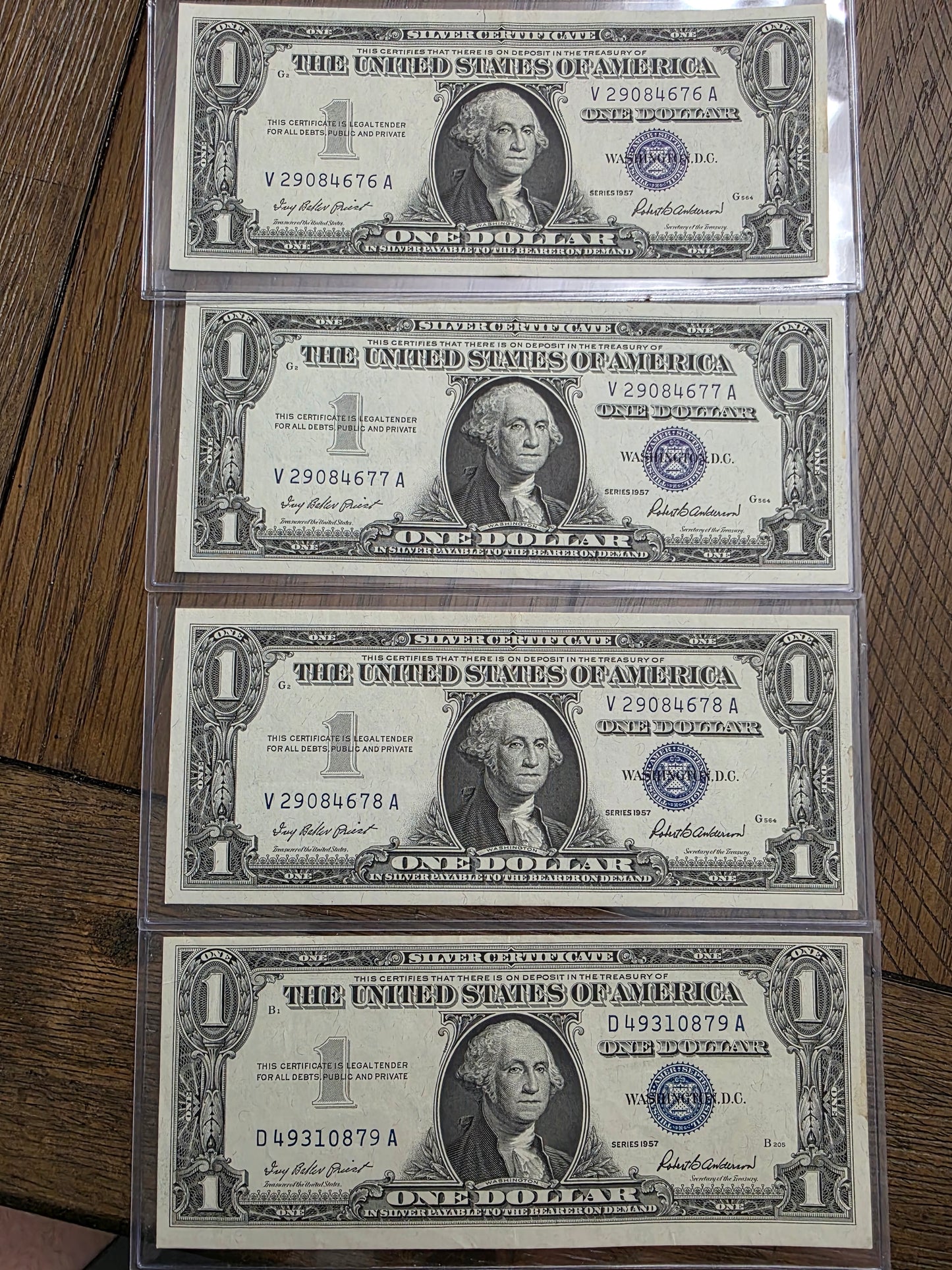 4 Consecutive $1 Dollar Blue Seal Silver Certificate 1957 Uncirculated Condition