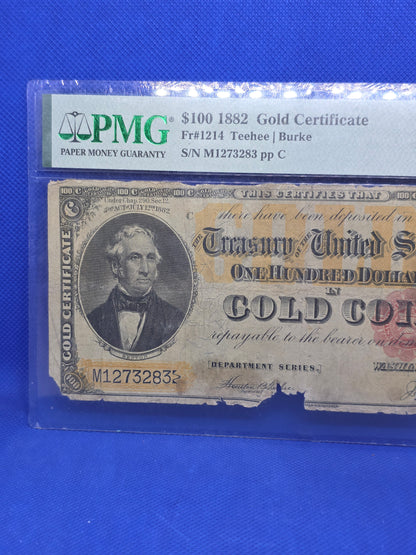 1882 $100 Gold Certificate Graded 10 VG PMG FR#1214