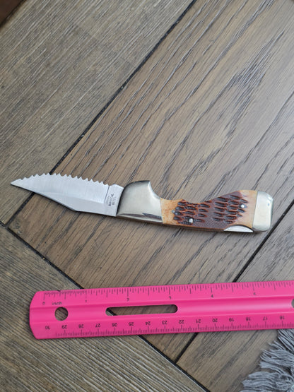 Vintage Frost Choctaw Jigged Bone Fully Serrated Lockback - Japan