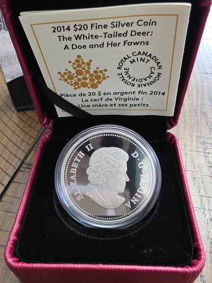 2014 $20 Canadian Fine Silver Coin - The White-tailed Deer - A Doe & Her Fawns