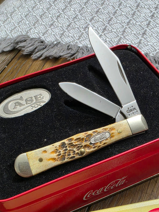 2002 Case XX Jig Amber Bone Small Coke Bottle Swell Center Coca-Cola with Original Tin