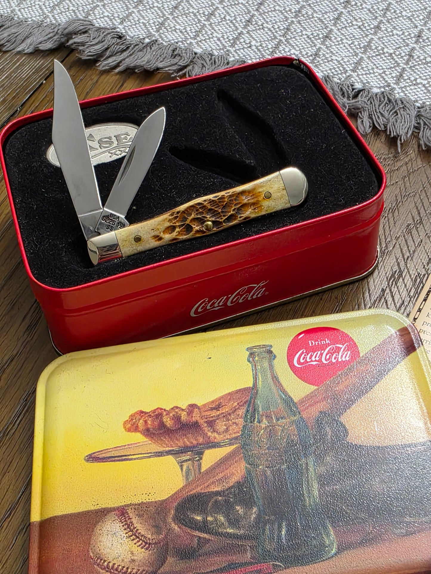 2002 Case XX Jig Amber Bone Small Coke Bottle Swell Center Coca-Cola with Original Tin