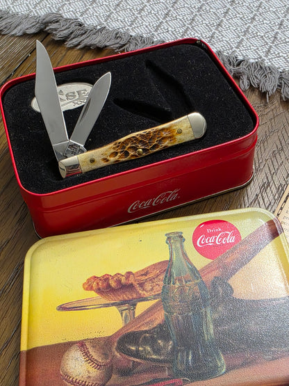 2002 Case XX Jig Amber Bone Small Coke Bottle Swell Center Coca-Cola with Original Tin