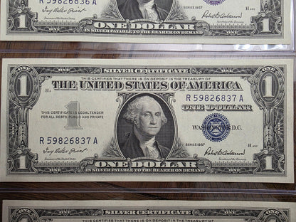 4 Consecutive $1 Dollar Blue Seal Silver Certificate 1957 Uncirculated Condition
