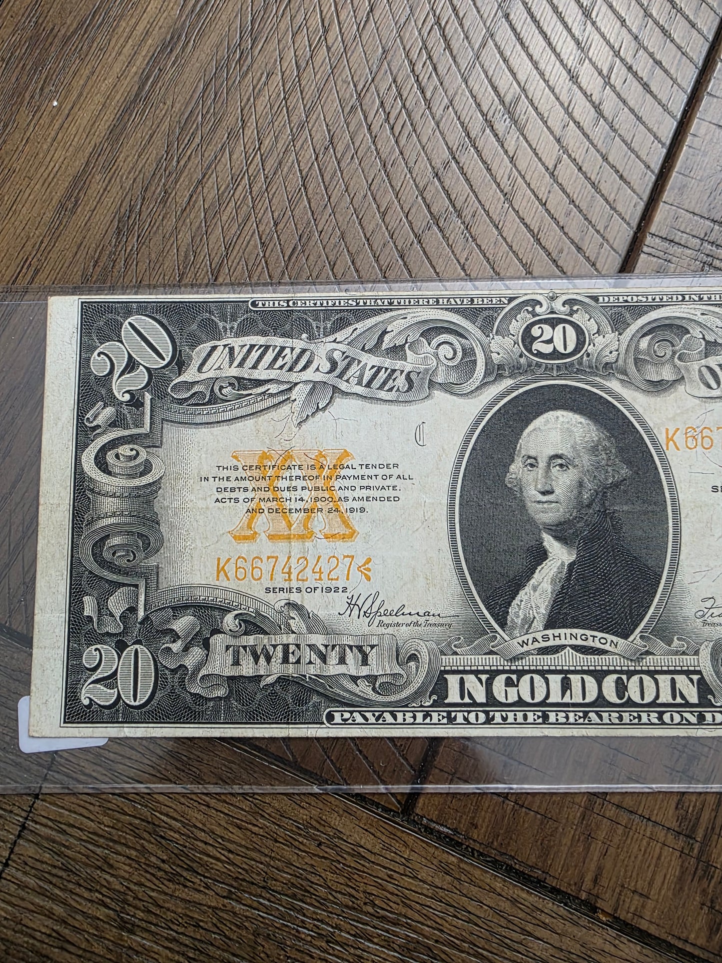 1922 $20 Gold Certificate Large Note - Very Good Shape