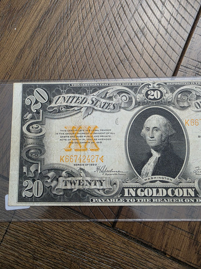 1922 $20 Gold Certificate Large Note - Very Good Shape