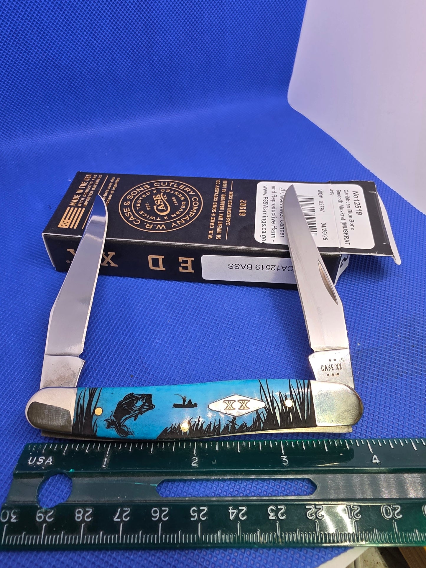 2025 Case XX Smooth Caribbean Blue Bone Muskrat knife with Bass CA12519 BASS
