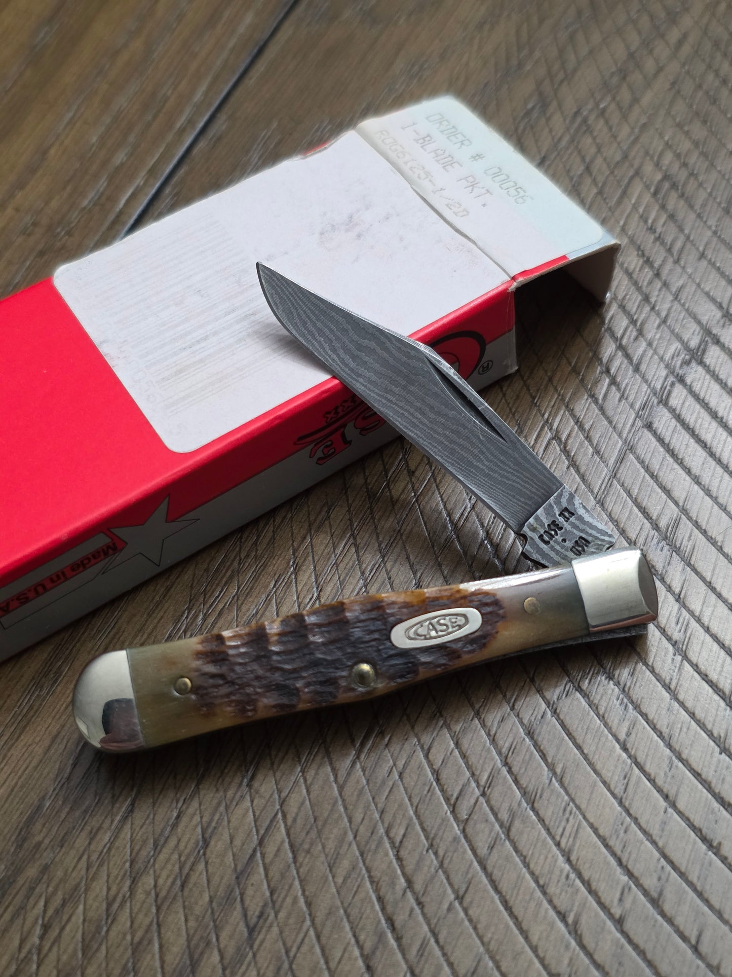 1989 Case XX ROG125 1/2 Brown Jig Bone with Damascus Swell Center Jack 00056