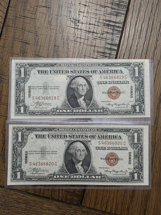 1935A Series $1 Hawaii Emergency Note 2 Consecutive SN# Uncirculated