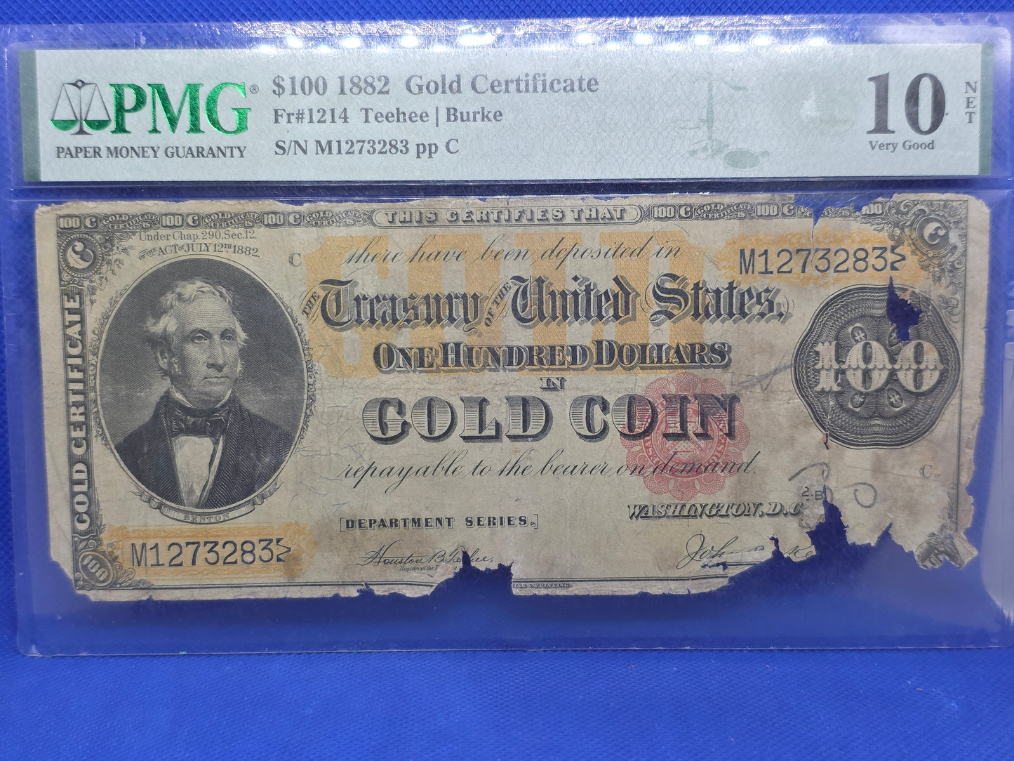 1882 $100 Gold Certificate Graded 10 VG PMG FR#1214
