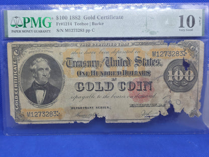 1882 $100 Gold Certificate Graded 10 VG PMG FR#1214