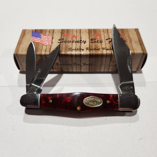 Seventy Six Falls 3 Blade Split Back Whitter Red Pearloid Handles 43SSFCERD