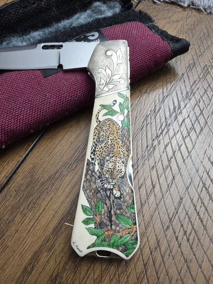 Whiskers & Karst Lockback with Leopard Scrolled Handle with Pouch