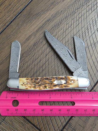 2017 Case XX Raindrop Damascus Burnt Amber Bone 6347DAM Medium Stockman