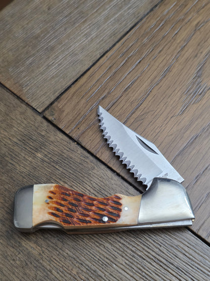 Vintage Frost Choctaw Jigged Bone Fully Serrated Lockback - Japan