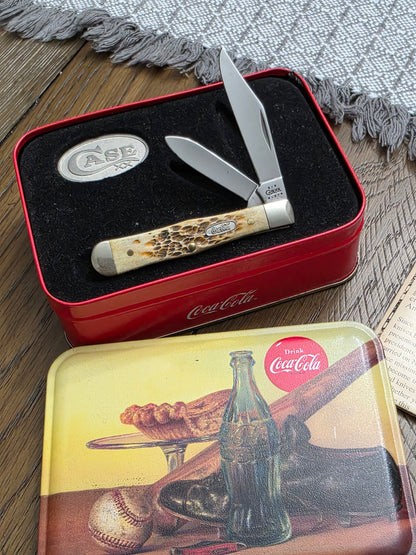 2002 Case XX Jig Amber Bone Small Coke Bottle Swell Center Coca-Cola with Original Tin