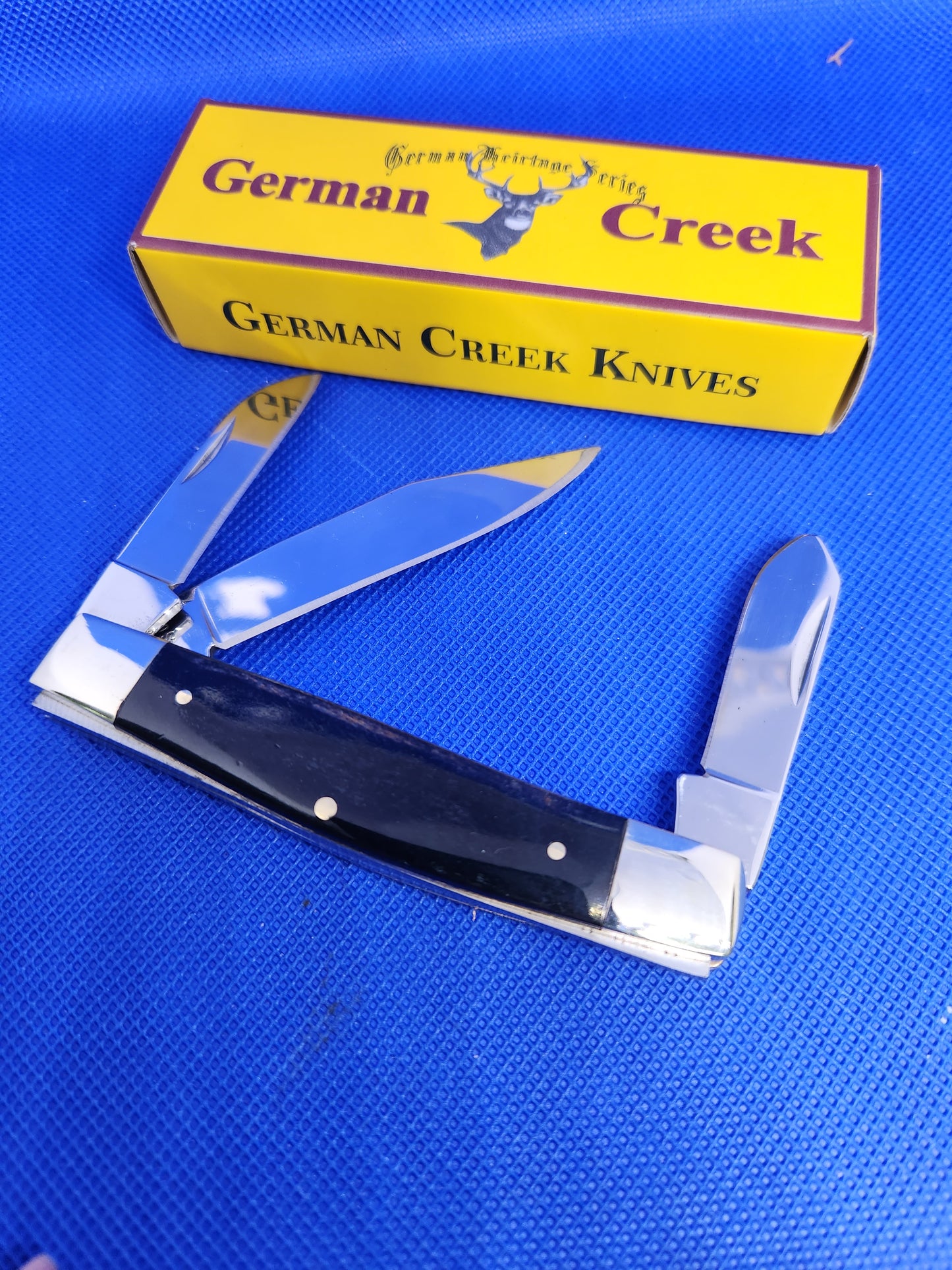 GERMAN CREEK 3 3/4" Stockman Pocket Knife Three Blade Smooth Black Bone handle