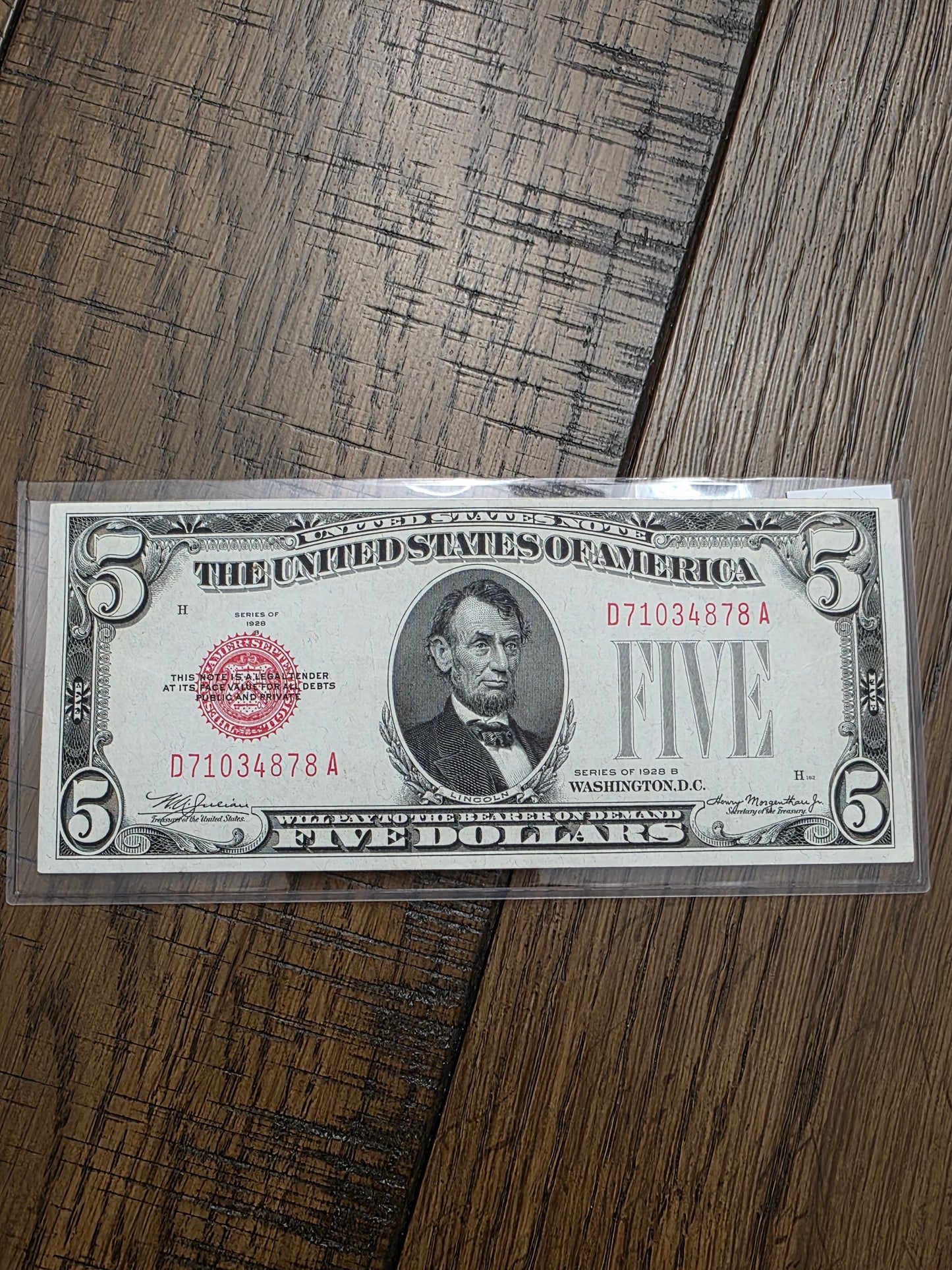 1928 B $5 Dollar Red Seal United States Note Uncirculated Condition