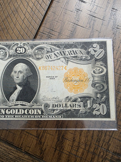 1922 $20 Gold Certificate Large Note - Very Good Shape