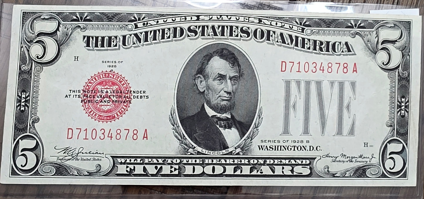 1928 B $5 Dollar Red Seal United States Note Uncirculated Condition