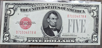 1928 B $5 Dollar Red Seal United States Note Uncirculated Condition