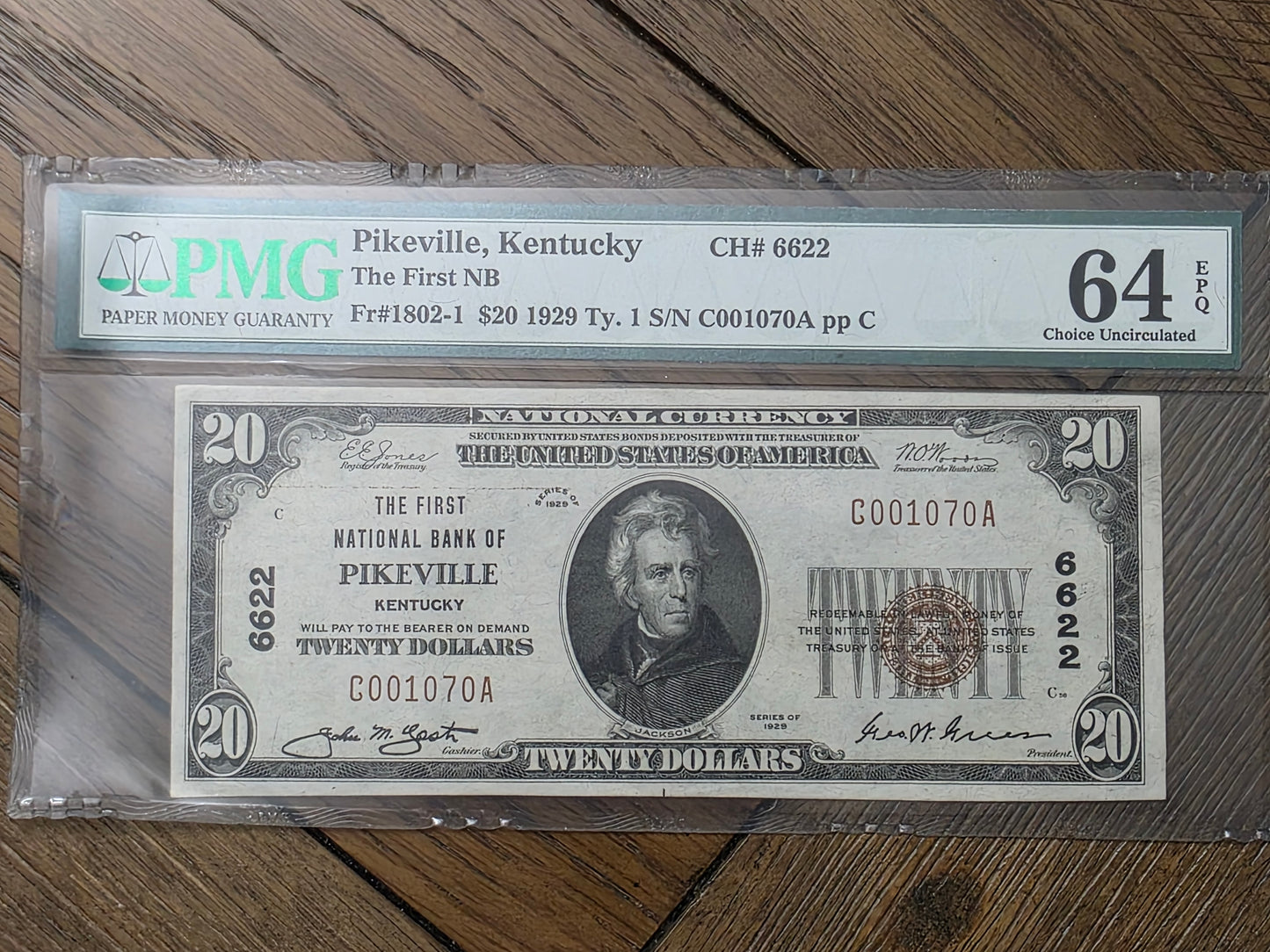 1929 Series $20 Bank Note of First National Bank Pikeville Kentucky