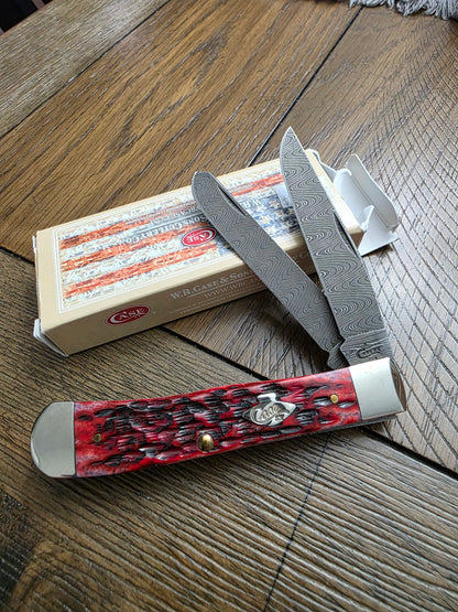 2018 Case XX Crimson Red Bone Trapper with Ladder Damascus Blades 74170
