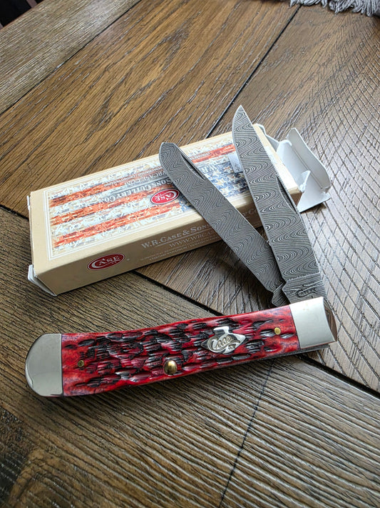 2018 Case XX Crimson Red Bone Trapper with Ladder Damascus Blades 74170