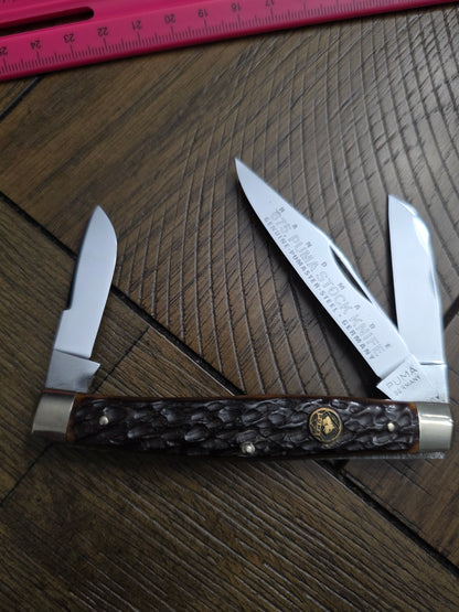 675 Puma Stock Knife Brown Jig Bone Handles 3 Blade Stockman German Made 4"