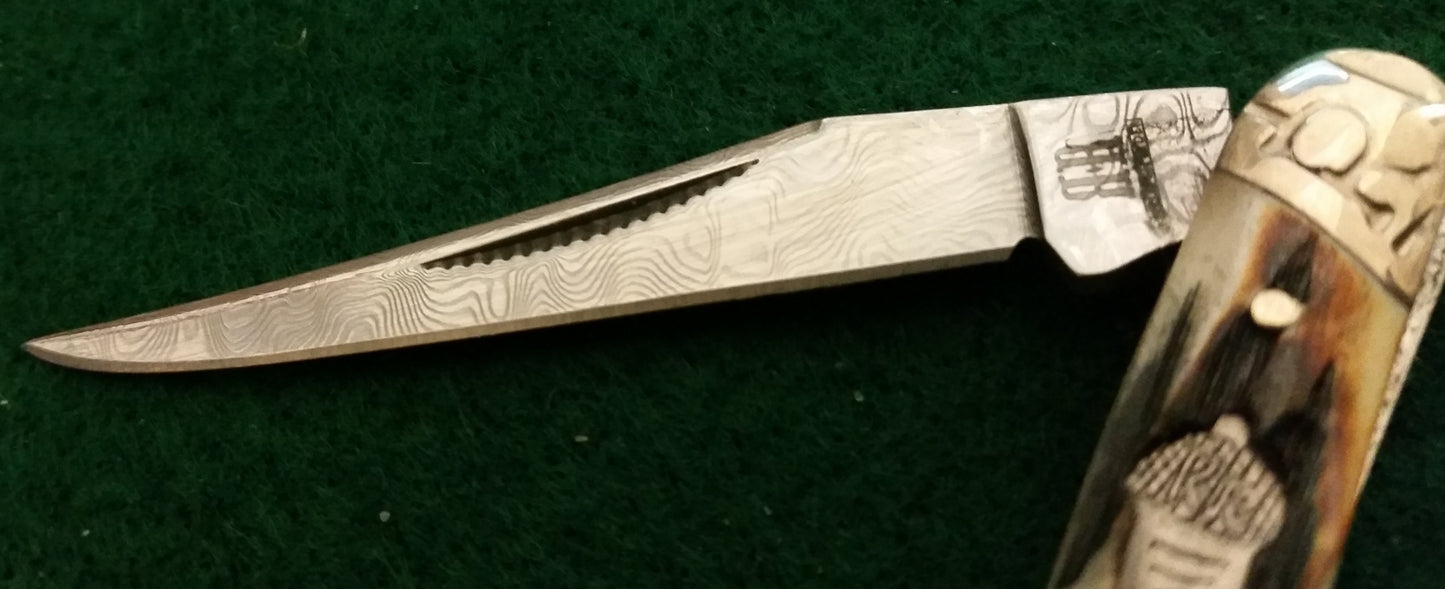 Rough Ryder RR2154 Tiny Toothpick Knife, Damascus, Cinnamon Bone Stag Handles