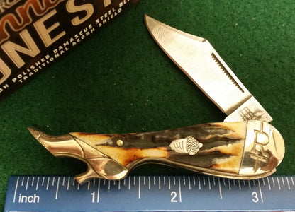 Rough Ryder RR2162 Ladies Boot Knife, Damascus, Cinnamon Bone Stag Handles