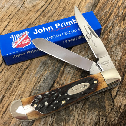 JOHN PRIMBLE 3 1/2" TRAPPER Couteau de poche Poignées en os brun Jigged Nouveau JP300078JB