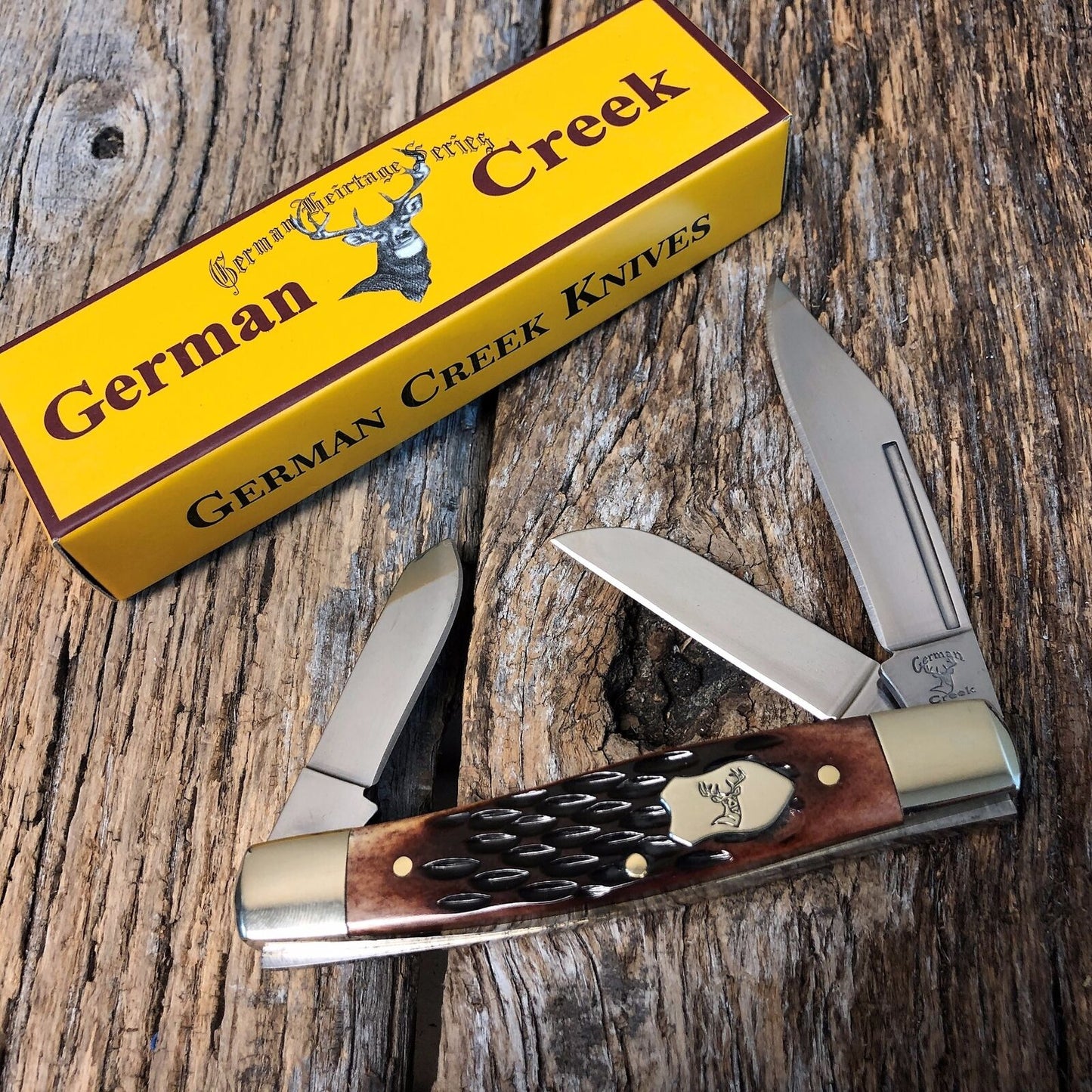 GERMAN CREEK 3 3/4" Couteau de poche Stockman à trois lames de marque Brown Jigged Bone